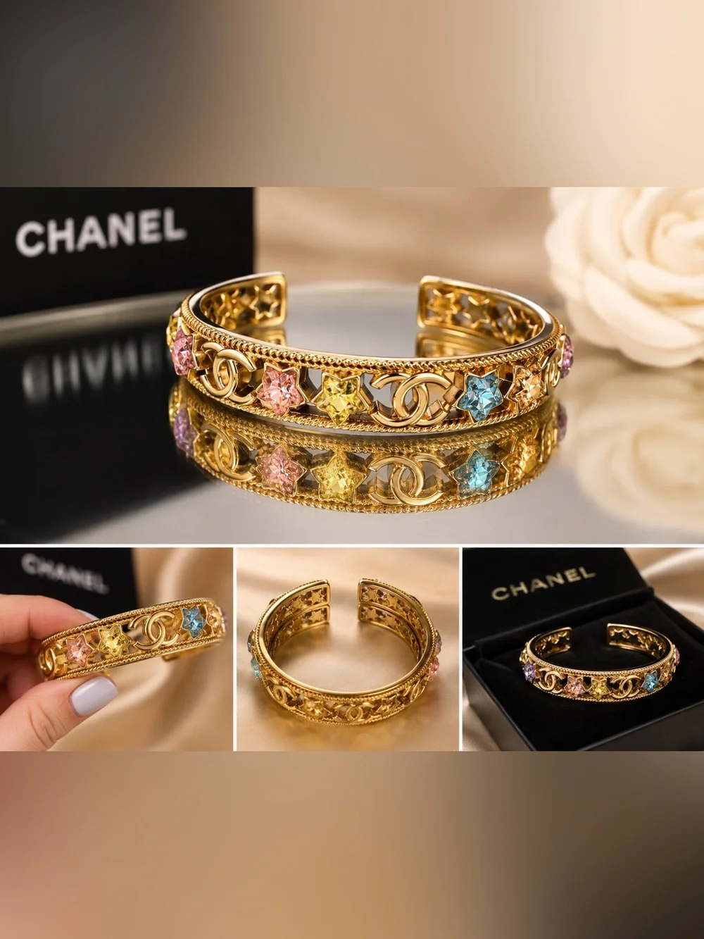 Gold Cuff Bracelet with Multicolor Star Gems